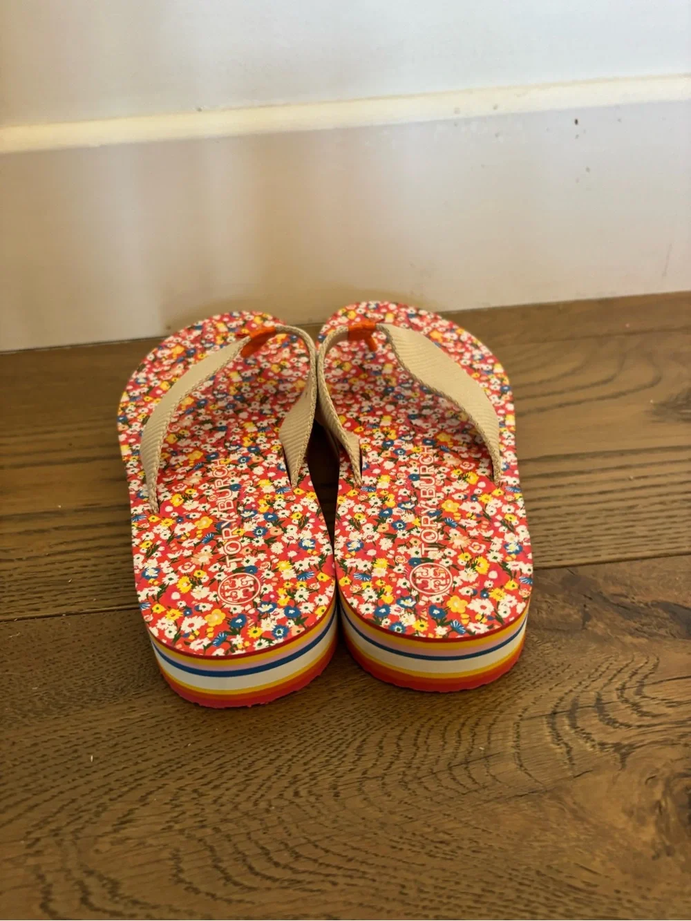 Womens Floral Stripe Platform Flip Flop - Beige & Orange